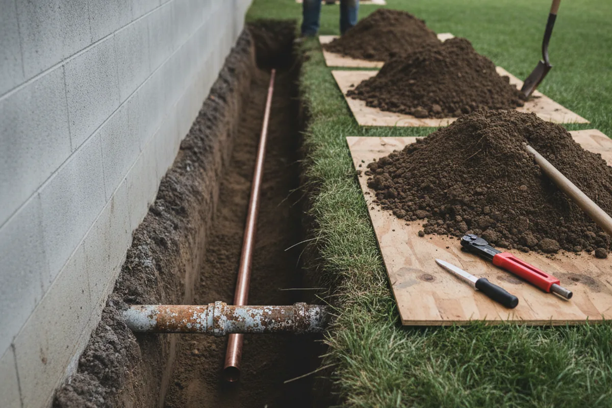 Excavated water line trench during Water Softener Installation in Bairdford